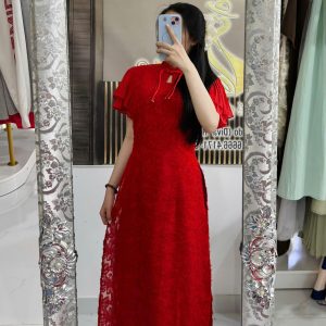 ÁO DÀI ĐỎ REN DỆT NỔI