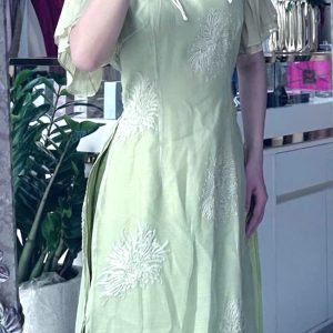 ÁO DÀI XANH TAY CÁNH TIÊN THÊU HOA