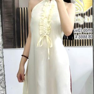 ÁO DÀI TRẮNG CỔ YẾM BÈO NƠ